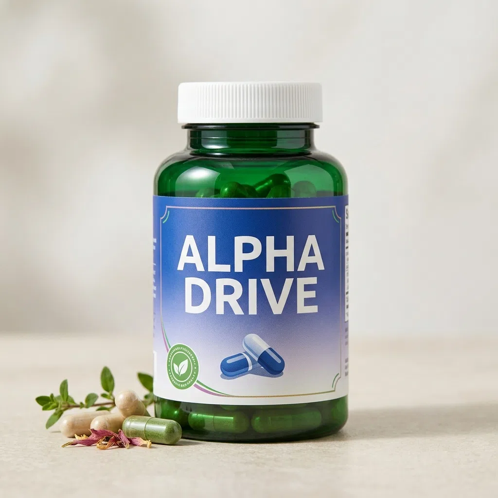 Alpha Drive kosttillskott - vit burk med blå hexagondesign, 60 kapslar